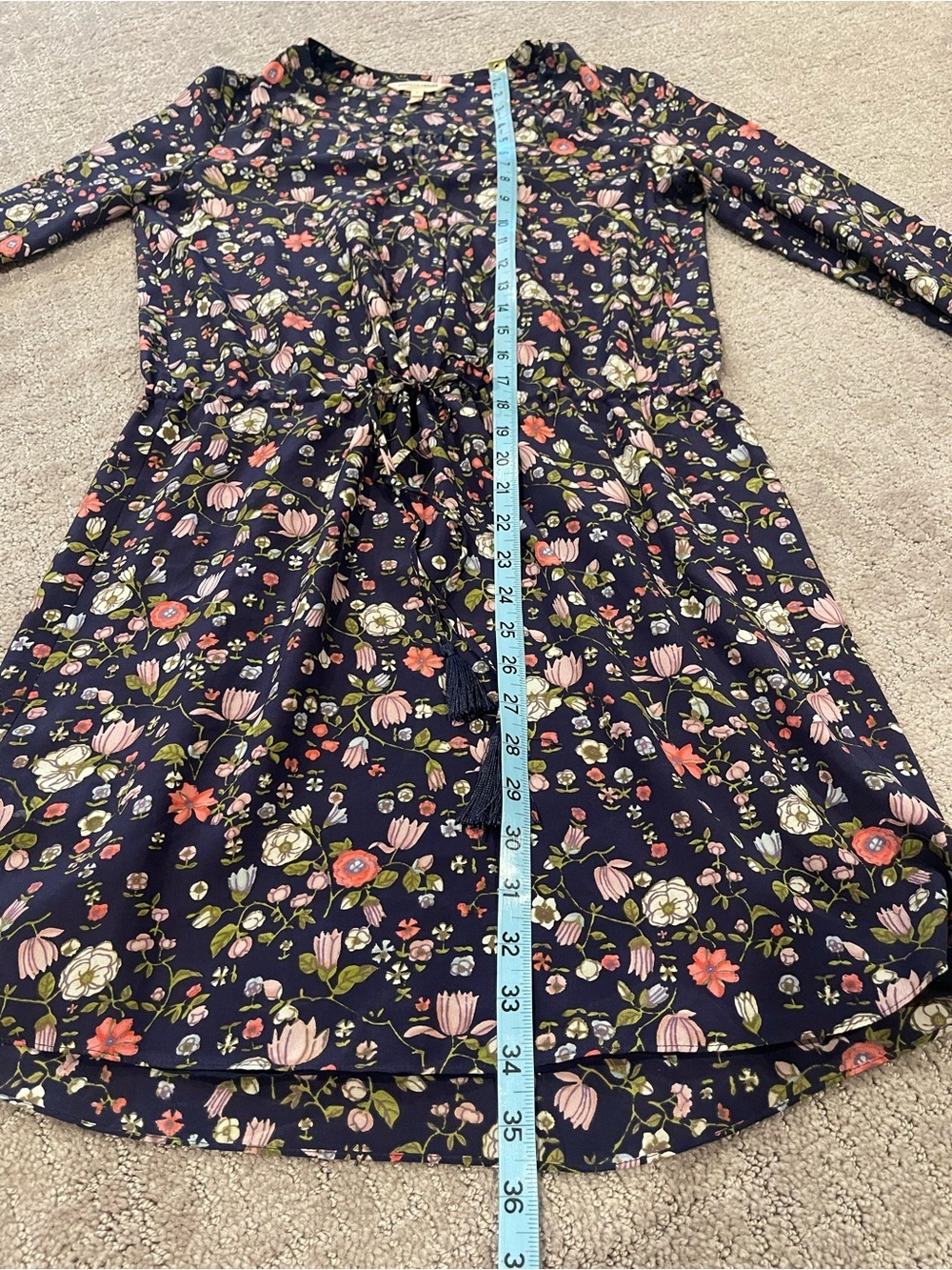Rebecca Taylor Navy Floral Mini Dress, Long Sleeve,100% Silk,Drawstring Waist, 0 - Picture 9 of 16
